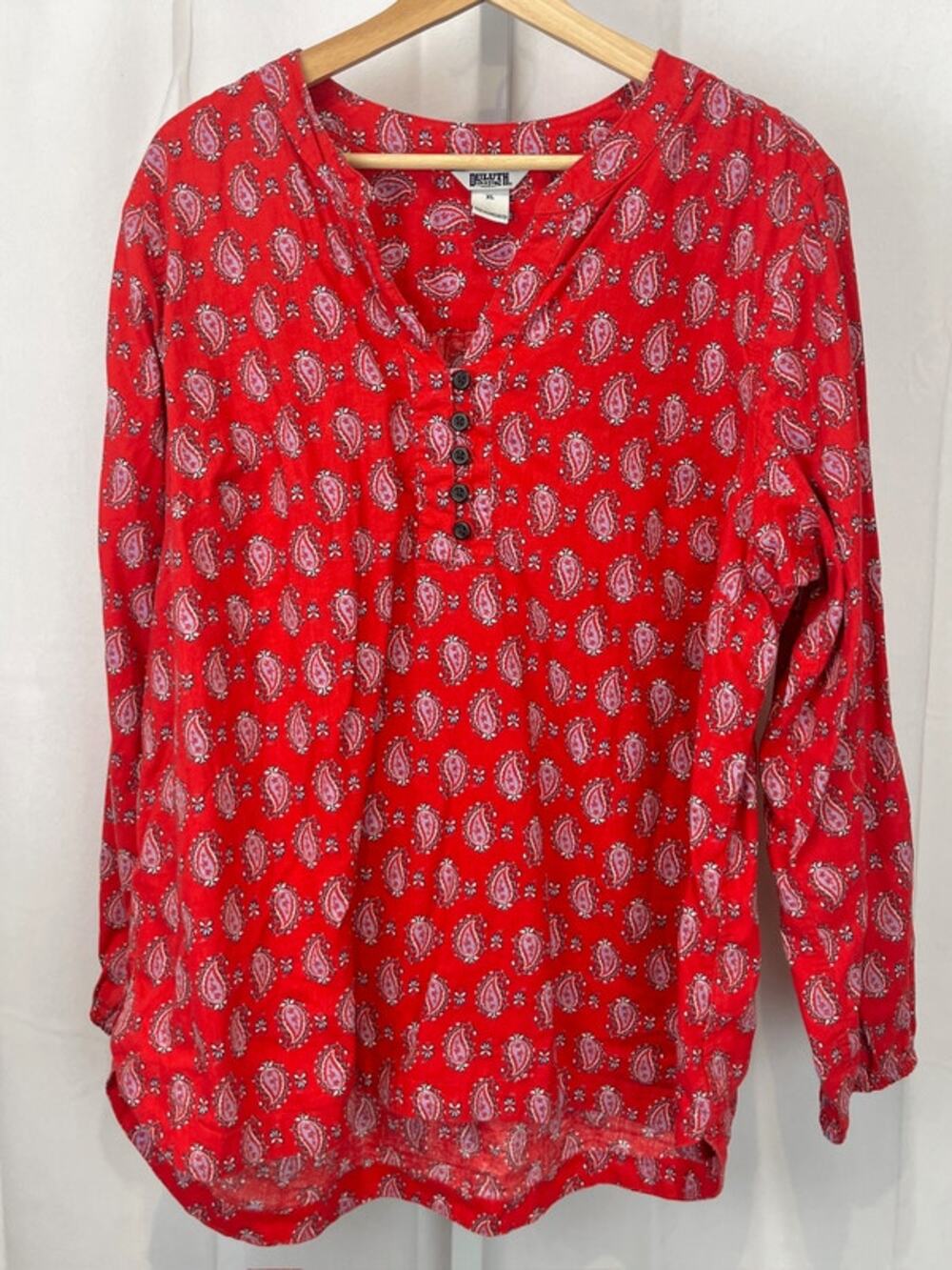 DULUTH Trading Artisan Hemp Blouse Paisley Popover Top Organic Cotton Red XL